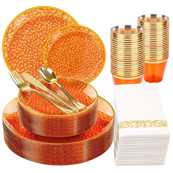 Rubtlamp 175 Pcs Plastic Dinnerware Set (25 Guests), Orange And Gold Plastic Plates, Hammered Party Plates Set Include Dinner Plates, Dessert Plates, Cups&Cutlery Set And Napkins for Wedding And Party