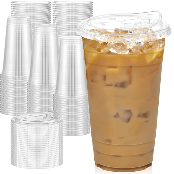 Dealusy 100 Pack - 24 oz Clear Plastic Cups with Lids, Sturdy & Food Safe Iced Coffee Cups with lids, Disposable Plastic Smoothie Cups for Cold Drinks, Sip Lids