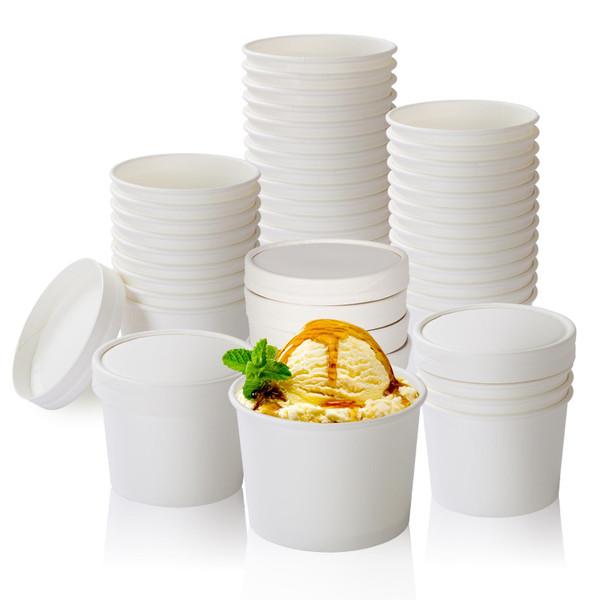 Belinlen 100 Count 4 oz Paper Ice Cream Cups with Lids Frozen Yogurt Cups Dessert Bowls Snack Dessert Bowl Supplies (White)
