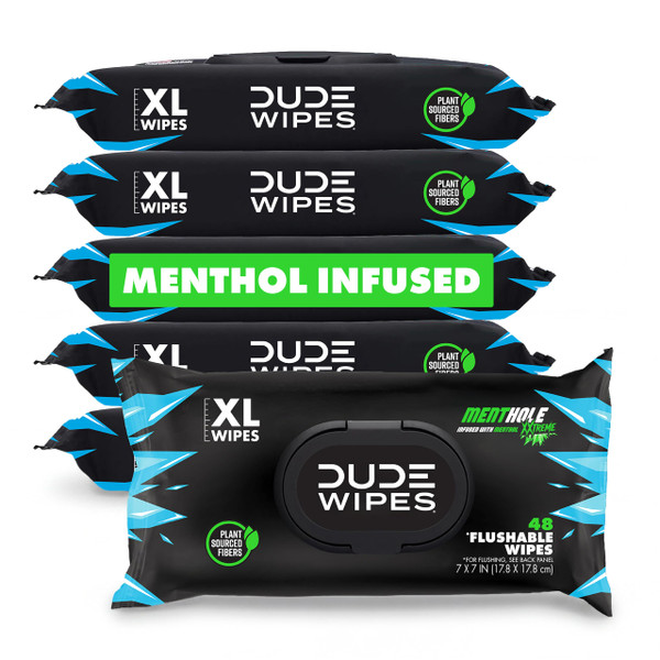 DUDE Wipes MentHOLE XXtreme Flushable Wipes - Menthol Infused Extra-Large Adult Wet Wipes - 6 Pack (288 Count) - Infused with Menthol for a Cooling Sensation - Septic and Sewer Safe