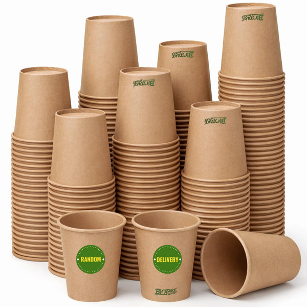 Biotakeware 500 Pack 8 oz Disposable Paper Cups, Brown Coffee Cups Unbleached Kraft Paper, Sturdy Leak Resistant Hot/Cold Disposable Cups for Party Home Office