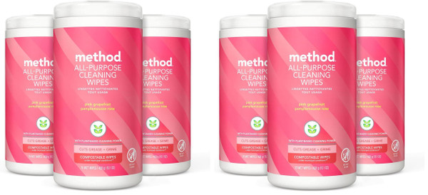 Method All-Purpose Cleaning Wipes, Pink Grapefruit, Multi-Surface, Compostable, 70 Count (Pack of 6)
