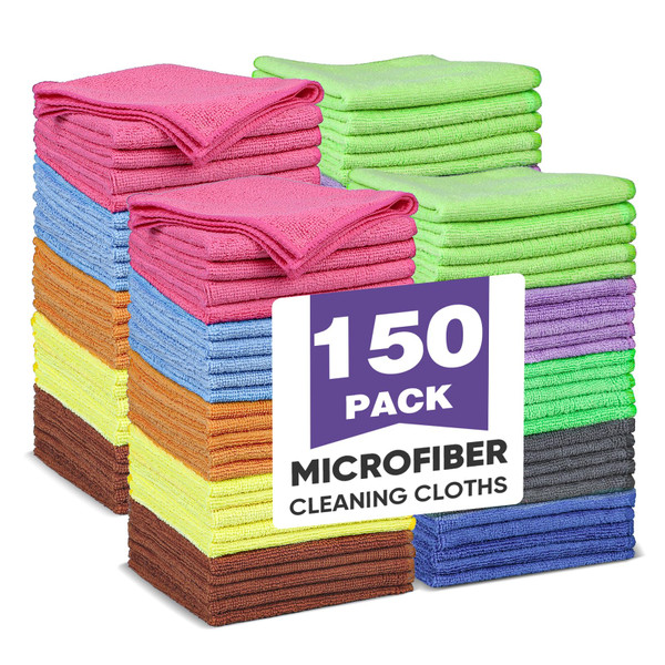 TEAWOO 10 Colors Microfiber Cleaning Cloths, 150 Pack Assorted Cleaning Rags, Highly Absorbent Microfiber Towels for Car, Kitchen, Bathroom and Household Cleaning, 11.8"X11.8"