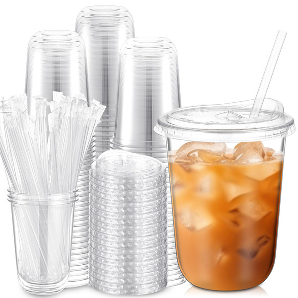 Ziliny 200 Pack 16 oz Clear Plastic Cups with Sip Lids & Straws, Disposable PET Crystal Iced Coffee Cups with Lids for Coffee Smoothie, Milkshake, Cold Drinks