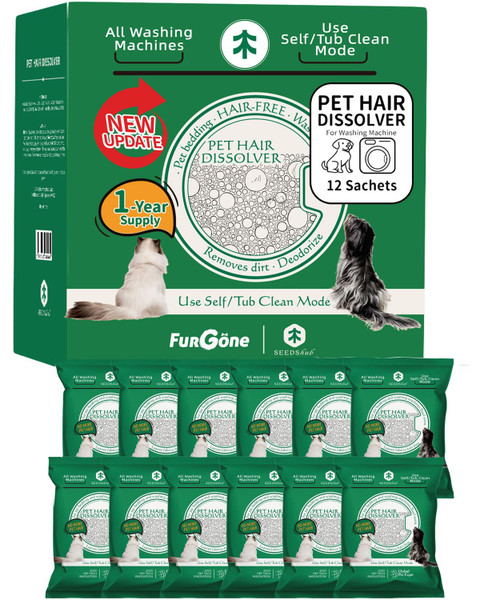 FURGONE Upgraded Pet Hair Dissolver Pro Washing Machine Cleaner Powder, Deep Cleaning Pet Bedding, 100g, 12 Sachets, Dog Cat Hair | Stain | Odor Remover for Laundry, No More Fur