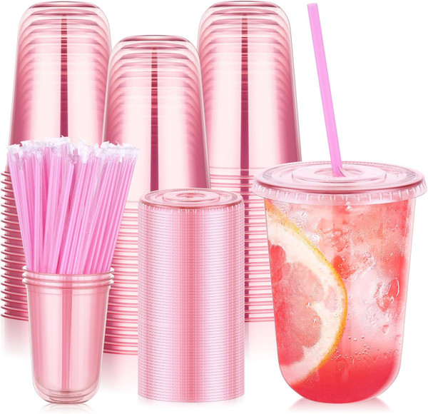 KesaPlan 100 Pack 16 oz Pink Plastic Party Cups with Lids and Straws, Disposable Iced Coffee Cup with Lids, Round Bottom Drinking Cups for Birthday Wedding Valentine's Galentine's Bachelorette Party