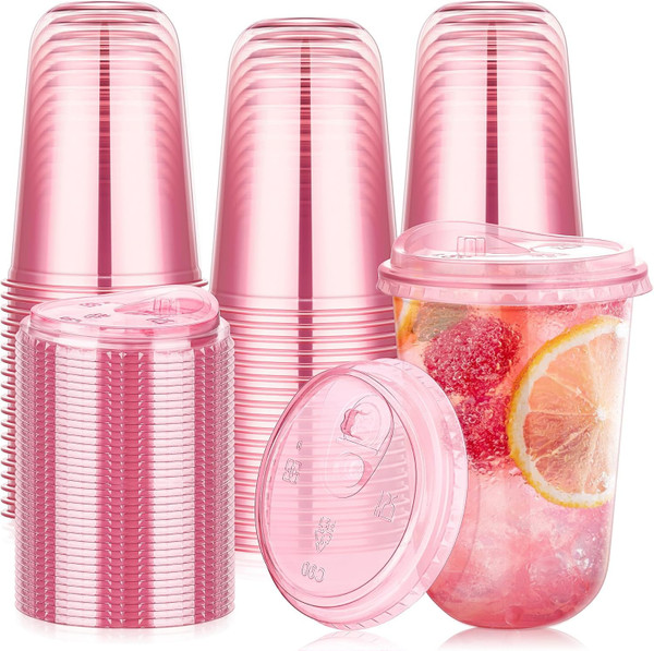 KesaPlan 100 Pack 16 oz Pink Plastic Party Cups with Sip Lids, Disposable Iced Coffee Cup with Lid, Round Bottom Stemless Glasses Drinking Cups for Valentine's Galentine's Bachelorette Party Holiday