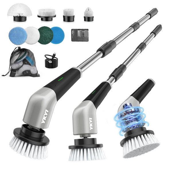 YKYI Electric Spin Scrubber, Cordless Power Scrubber Cleaning Tool with 8 Replaceable Heads and Extension Handle for Bathroom, Tub, Tile, Floor, Grout and Car (Gray)