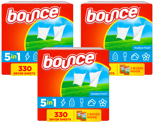 Bounce Dryer Sheets, 330 count, Outdoor Fresh Scent, Fabric Softener Sheets, Reduces Static, Softens and Fights Wrinkles (Pack of 3)