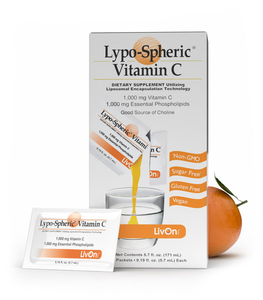 LivOn Laboratories Lypo–Spheric Vitamin C, 1000 mg Vitamin C & 1000 mg Essential Phospholipids Per Packet, Liposome Encapsulated for Improved Absorption, 100% Non–GMO, 1 Carton, 0.2 Fl Oz (Pack of 30)