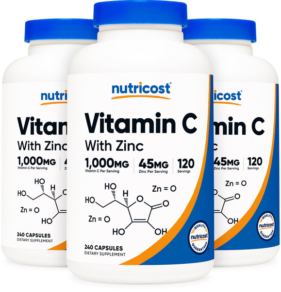 Nutricost Vitamin C with Zinc Capsules, 120 Servings (3 Pack) - 1000mg Vitamin C, 45mg Zinc, Non-GMO, Gluten Free Vitamin C Supplement