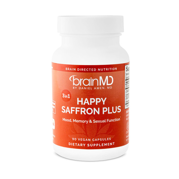 BRAINMD Dr Amen Happy Saffron Plus - 90 Capsules - with Saffron Flower Extract, Curcumin & Zinc - Vegan, Gluten Free - 30 Servings