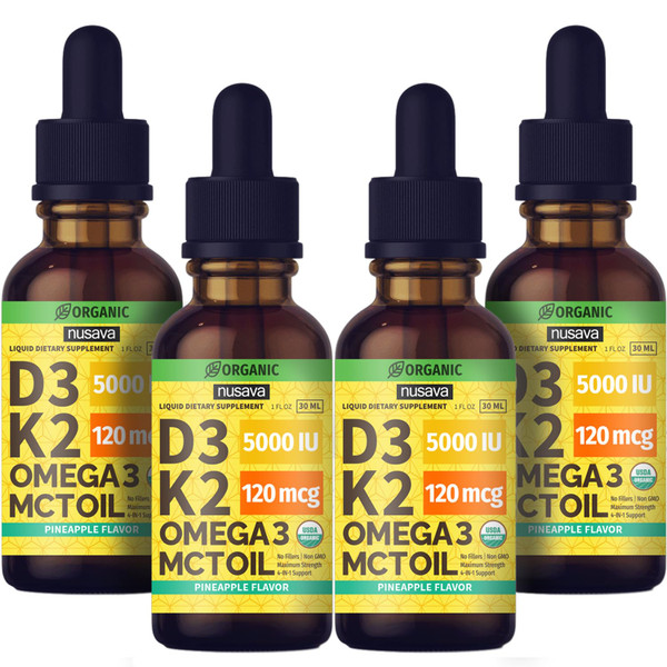 (4 Pack) Organic Vitamin D3 K2 Drops with MCT Oil & Omega 3 - Liquid Vitamin D3 5000 IU - K2 D3 Vitamin Supplement - Vitamin D Drops for Women & Men - No Fillers, Non-GMO, GMP, Pineapple (4 Fl Oz)