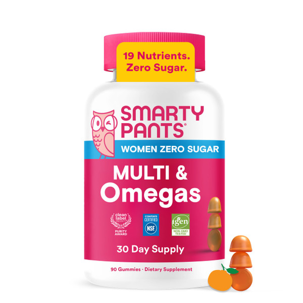 SmartyPants Women’s Zero Sugar Multi & Omegas Multivitamin Gummies with Biotin, Methylfolate, Omega 3 ALA, Vitamins D3, C, B12, Clean Label, No Sugar Alcohols, Orange Flavor, 90 Count (30 Day Supply)