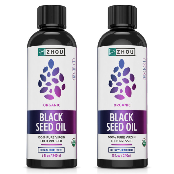 ZHOU Organic Black Seed Oil - Black Cumin Seed Oil Cold Pressed, Nigella Sativa, Pure Unrefined Blackseed Liquid, Premium Supplement for Health with Thymoquinone, Omega 3 6 9-8 Fl Oz (Pack of 2)