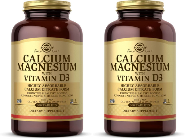 Solgar Calcium Magnesium with Vitamin D3, 300 Tablets - Promotes Healthy Bones, Supports Nerve & Muscle Function - Highly Absorbable Form - Non-GMO and Gluten Free - 60 Servings, (Pack of 2)