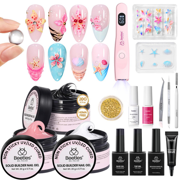 Beetles 3D Gel Nail Art Kit,3 Colors Non-Sticky 3D Sculpting Gel for Nail Art & Nail Lamp, White Clear Pink Builder for Sculpting Extension,Molding Hard Gels & 3D Mold for DIY Nails,Beginner Friendly
