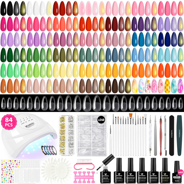 VANREESA 84 Pcs Gel Nail Polish Kit with U V Light and Almond Nail Tips -40 All Seasons Colors Gel Polish Set with 5 Pcs Base Top Coat Gel Nail Kit for Beginners with Everything Gifts for Women