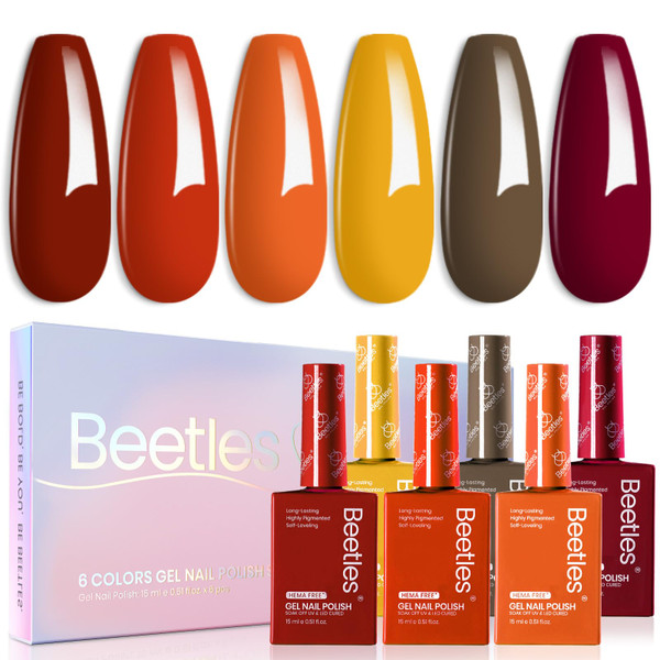 Beetles Hema-Free Gel Polish Set - 6 Colors 15ML Full Size Burgundy Brown Dark Red Yellow Light Orange Gel Polish Kit Soak Off UV LED Hema Free DIY Home Salon Gift for Women Dusk
