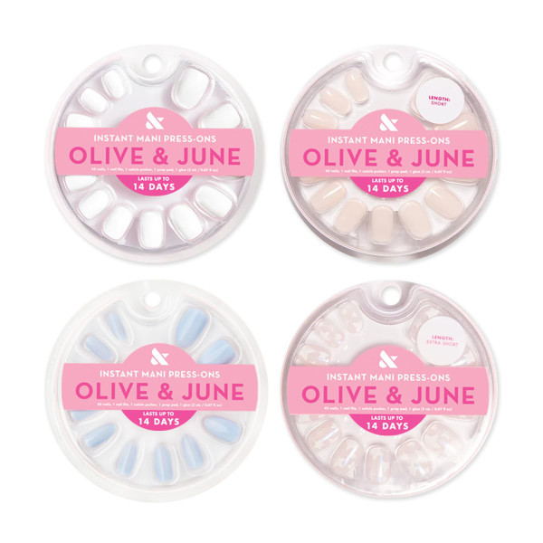 Olive & June Glue Press On Bestsellers Kit | Includes 4 Fake Nail Sets (HD Crisp White, Classic French, Shimmery Super Star, BP Icy Blue) | Realistic Look, Non-Damaging Glue, Up to 14-Day Wear
