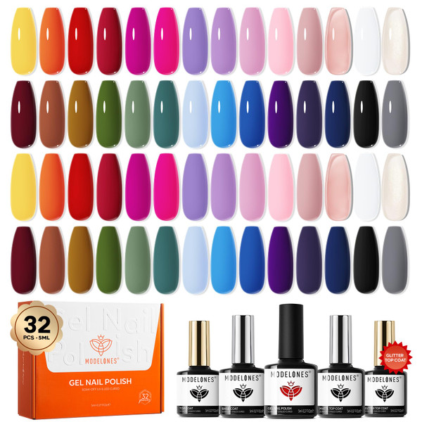 modelones 32 PCS Gel Nail Polish Set, 28 Colors Summer Gel Polish with No Wipe Base Coat, Glitter & Glossy & Matte Top Coat Red Nude Purple Green Soak Off LED Nail Art Kit Salon at Home