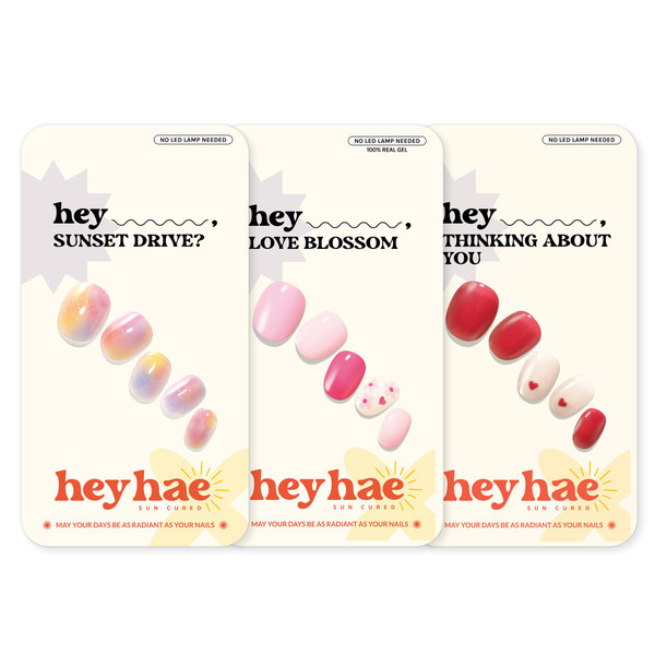 Heyhae Semi Cured Gel Nail Strips Assorted Bundle (3 Pack) | No LED Lamp Needed | Easy Apply & Remove, Salon Quality | Includes Strips, Prep Pads, Nail Files & Wooden Sticks - Date Night
