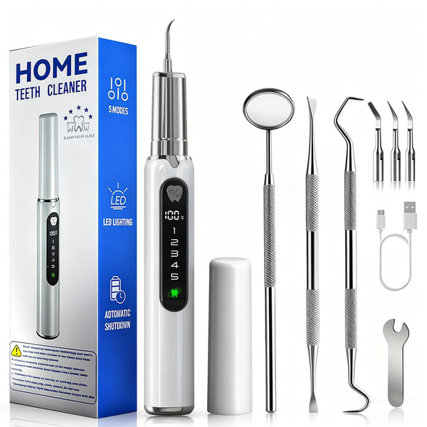 【5 Modes + LED Light】 Home Teeth Whitening Tool-Dental Plaque Remover Kit, Tartar Scraper Dental Cleaning Kit,USB Rechargeable - Includes 4 Replacement Tips,Personal Portable Dental Care Tool