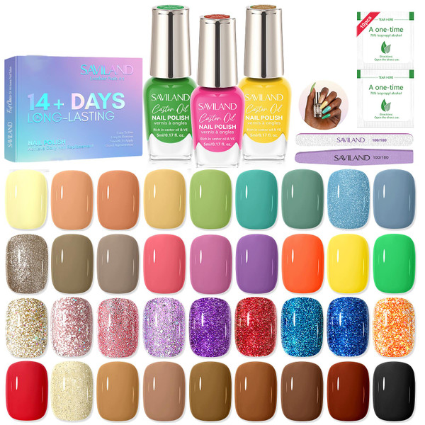 SAVILAND 36 Colors Nail Polish Set Quick Dry: Brown Black Glitter Locked X Tech Regular Pastel Nail Polish Kit Fingernail Polish with Top Base Polish Coat 39 Pcs Home Salon Travel Set