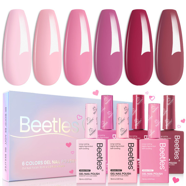 Beetles Summer Gel Polish Set - Romantic Blush 6 Colors Gel Polish Set HEMA-Free, Nude Light Baby Hot Pink Colors Summer Nails, Long Lasting Soak Off UV LED Nail Lamp