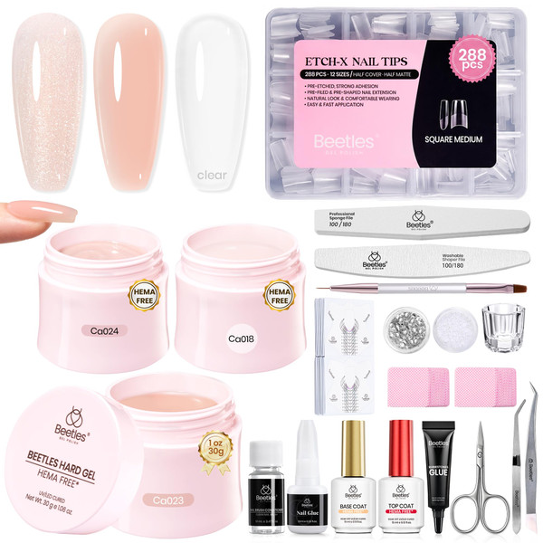 Beetles Hard Gel Kit HEMA-FREE,Mocha Glow 3 Colors Clear Nude Glitter Sculpted Gel,Medium Square Nail Tips& Nail Forms,for Extension Sculpting Building UV Nails,Nude Builder Gels for Salon Pros