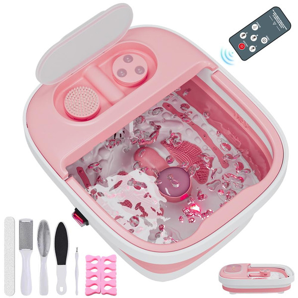 Aqvesane Collapsible Foot Spa Bath Massager with Heat, Remote, Temperature Control, Timer, Foot Soaking Tub with Pedicure Kit & 3 Attachments, Pedicure Foot Spa for After Work Relaxation (Pink)