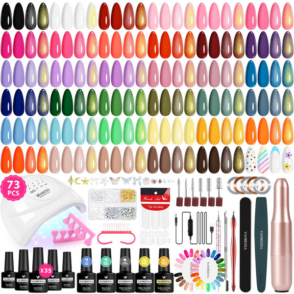 VANREESA 73 Pcs Gel Nail Polish Kit with U V Light and Nail Drill Kit 35 All Seasons Colors Nail Polish Set with Base Coat & 4 Effects Top Coat Gel Polish Nail Set Complete Nail Kit Gifts for Women