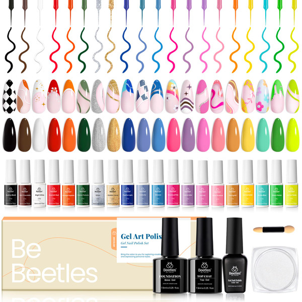 Beetles Gel Liner Nail Art Polish Set Pastel Gel Nail White Gold Red Glitter Neon French Tip Nails Polish Paint Swirl Built Thin Brush in Bottle Soak off Uv Lamp Nails Art Kit Gifts for Women