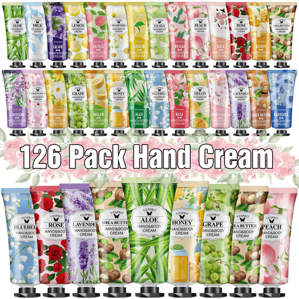 VESPRO 126 Pack Hand Cream Set, Small Gifts for Women, Bulk Hand Lotion Travel Size for Dry Cracked Hands, Mini Hand Lotion for Bridesmaid Gifts, Employee Appreciation Gifts and Teacher Gifts