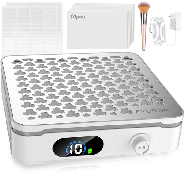 Nail Dust Collector | 1000PA Cordless Nail Dust Collector Nail Tech | 10 Speed Levels | Low Noise & Strong Suction | Reusable Filter, 10 Pads + Nail Dust Brush | for Acrylic Nails, Salon & Home-White