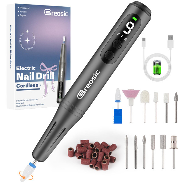 Breosic Electric Nail Drill Professional 35000RPM,Rechargeable Electric Nail File Cordless with 9-Speed & LED Display,12-in-1 Portable Manicure Pedicure kit for Acrylic Gel Dip Powder Nails (Gray)