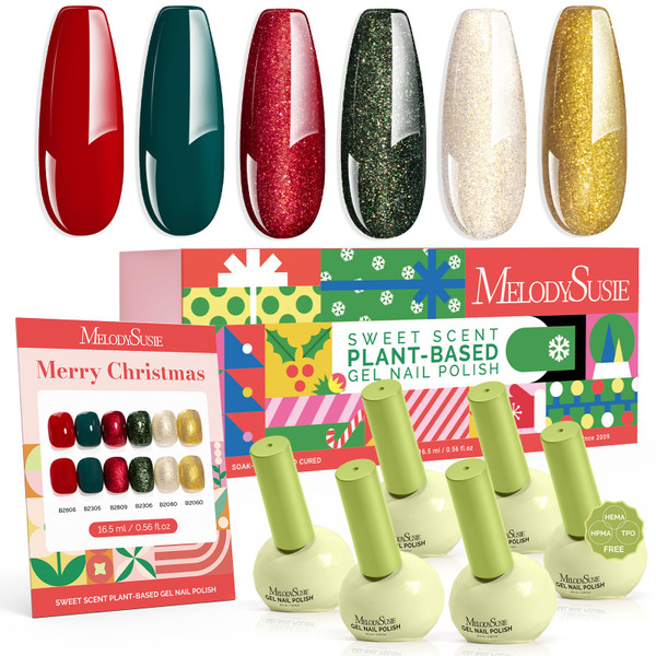 MelodySusie Highly Pigmented Gel Nail Polish Set, 0.56 fl.oz Tilt-and-Stand Bottle, HEMA Free Plant-Based, 6 Colors Christmas New Year, Soak Off UV LED Manicure Kit Gift Box(Red Glitter Gold Green)