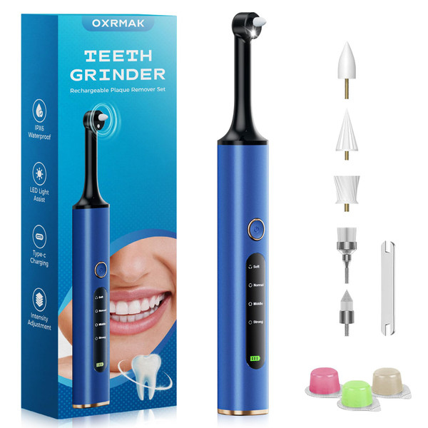 Rechargeable Tooth Polisher, Teeth Polishing Kit for Teeth Whitening, Tooth Polisher for Tartar Stain Removal, Teeth Cleaner Tools for Home Use with 3 Polish Paste and 5 Brush Heads, LED Light