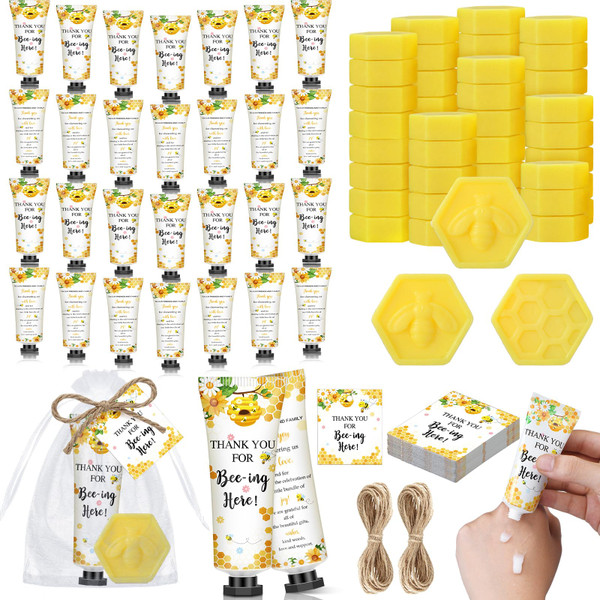 Dimsile 100 Pcs / 50 Sets Bee Themed Baby Shower Favors for Guest Sweet As Can Bee Theme Baby Shower Favor a Little Honey Is on The Way Hand Cream Honeycomb Soap Yellow Guest Return Gift Gender Reveal