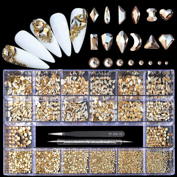 Yzzseven 12 Types of 600 Champagne Diamonds + 2500 Flat Rhinestones Mix 20 Styles Flatback DIY Crafts Rhinestone Crystals 3D Ornaments Flat Back Stones Set + Tweezers + Drill Pen