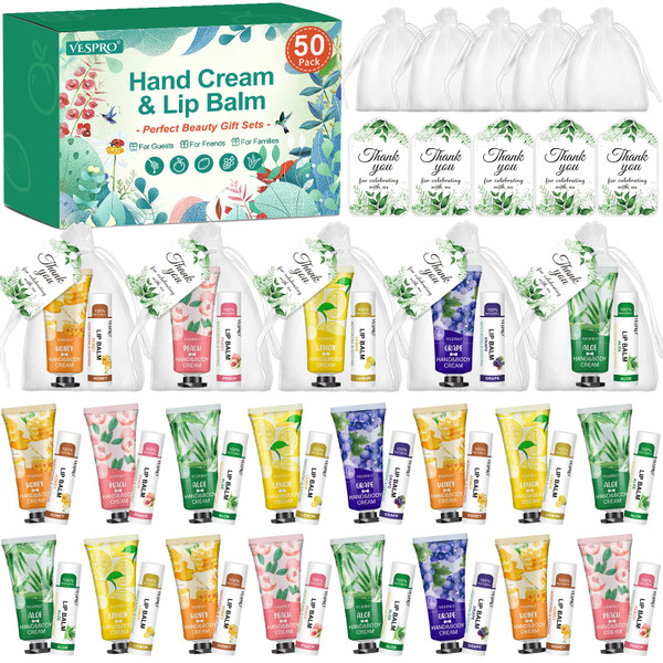VESPRO 50 Sets Hand Cream Bulk and Lip Balm Bulk Gifts, Party Gifts and Wedding Shower Favors for Guests with Thank You Card and Organza Gift Bags, Teacher Gift and Bridesmaid Gift
