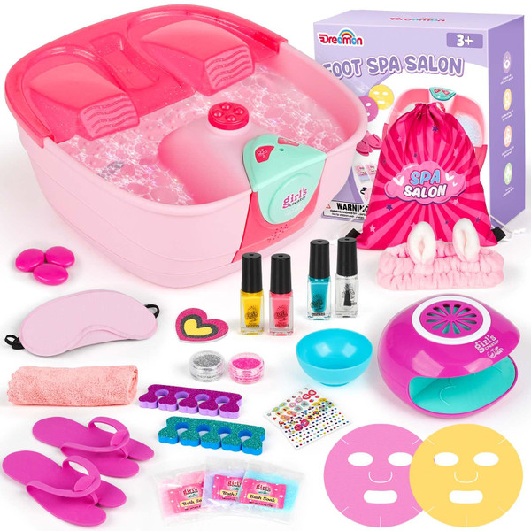 Kids Foot Spa & Nail Kit - Kids Spa Day Kit for Girls with Mask Foot Bath and Nail Dryer - Manicures Pedicure Toy Set Nails Art Salon Girl Stuff - Christmas Birthday Gifts for 6 7 8 9 10-12 Year Old