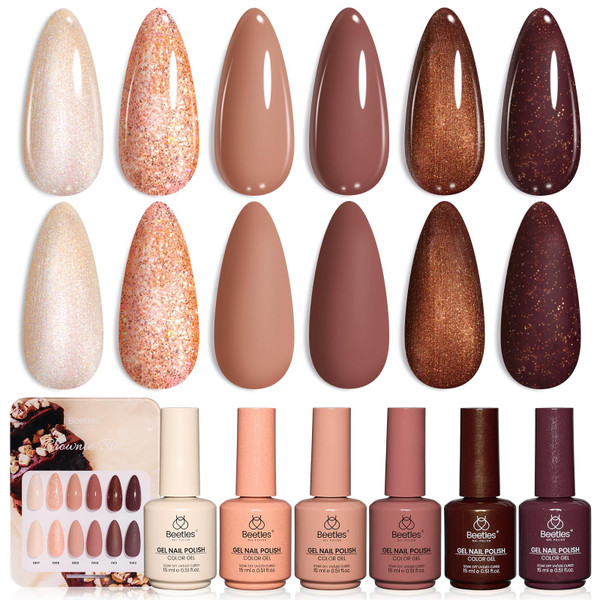 Beetles Brown Gel Polish Set - Brownie Bliss 6 Colors Nude Beige Taupe Cocoa & Rose Gold Pearl Shimmer Gel Nail Polish, Soak Off UV Led Lamp Needed Manicure DIY Salon Home Gifts for Women