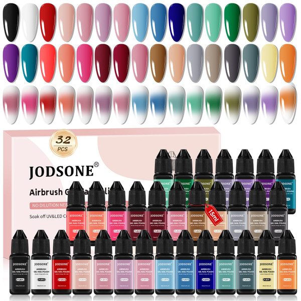 JODSONE 32 Colors Airbrush Gel Nail Polish Kit, No-Dilution Airbrush for Nails Set Fine Mist Nail—Ideal for Home or Salon Use, Nail Art Design Salon Kit