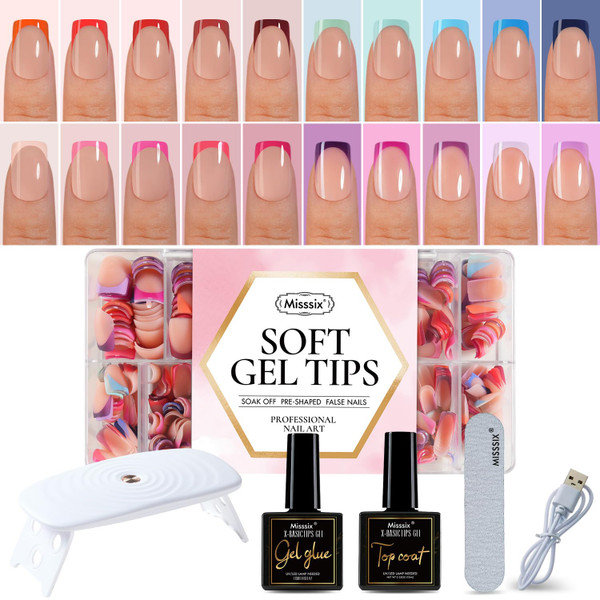 Misssix XBASICTIPS French Tip Press On Nails, 600 Pcs Short Square French Gel Nail Tips, 20 Colors Fake Nails Starter Kit with U V Lamp, Top Coat and Gel Glue for Nail Art DIY 15 Sizes