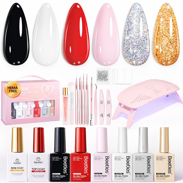 Beetles 22 Pcs HEMA-Free Gel Nail Polish Kit with U V Light - 6 Color Pink Black White Red Shiver Glitter Gel Polish Set Timeless Charm Gift-Ready Package Salon Manicure Kit Gifts for Women