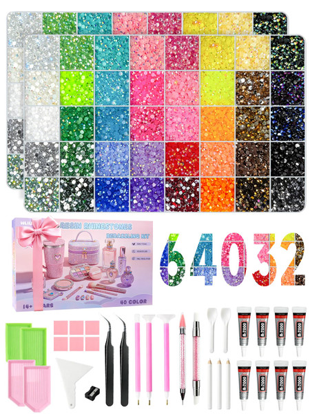 Wliurf 64032Pcs Bedazzling Kit, 40 Colors 3mm Resin Jelly Rhinestones for Bedazzling with B7000 Jewelry Glue & Tools, Bedazzler Kit with Rhinestones Perfect for Book Clothes Makeup DIY Shoes & Crafts