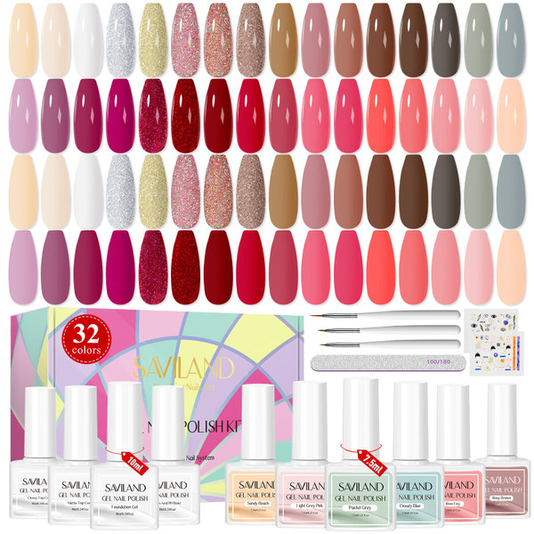 SAVILAND 42PCS Gel Nail Polish Set: 32 Colors Soak-off U V Gel Polish Kit with Base & Glossy Matte Top Coat Red Glitter Gel Polish Set Manicure Kit with Nail Brush for DIY Nail Girl Salon