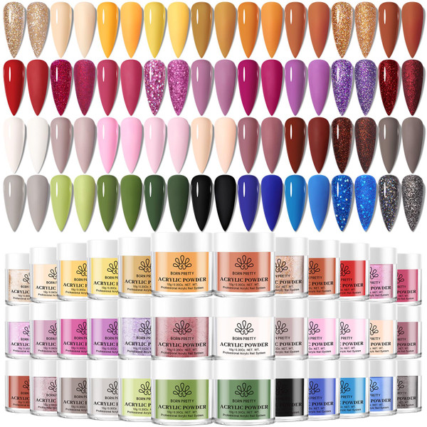BORN PRETTY Acrylic Powder Set 36 Colors Fall Winter Acrylic Nail Powder Red Green Blue Orange Yellow Professional Polymer 3D Nail Art Kit for French Extension Carving Holidays Gift Set