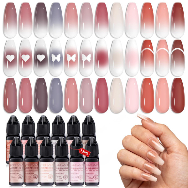 SAVILAND Dilution-Free Airbrush Gel Polish: 12PSC Chic Cappuccino Colors, HEMA & Acetone Free, Salon-Quick 30% Faster, Anti-Clog Tech, 4-Week Wear for Ombre Gradient & French Tips Salon Party